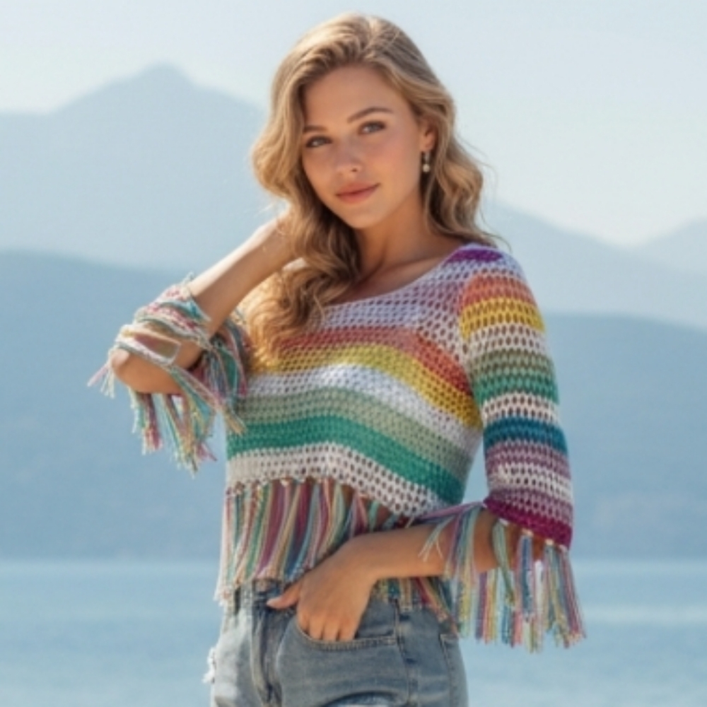 GYK Colorful Crochet Fringe Top Hollow Out Crochet Pullover Size Large